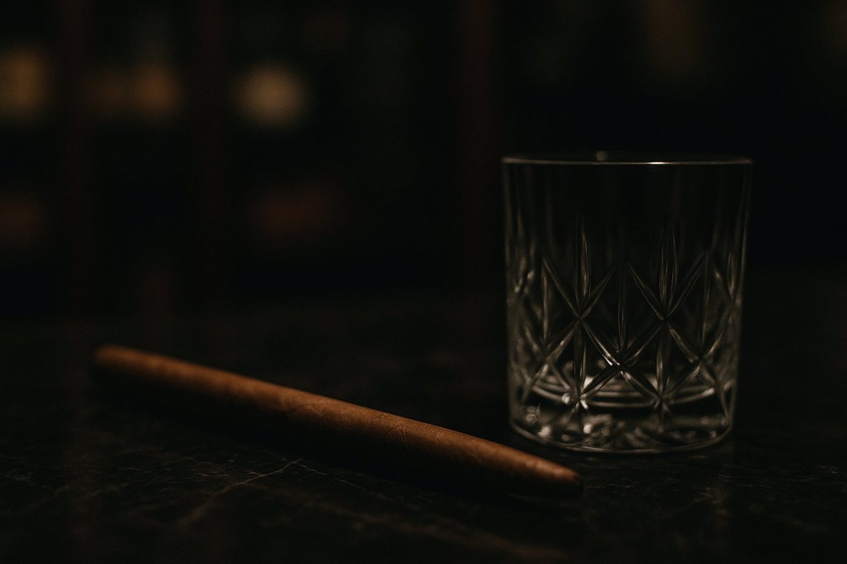 Slender lancero cigar on dark polished marble beside a cut-glass tumbler