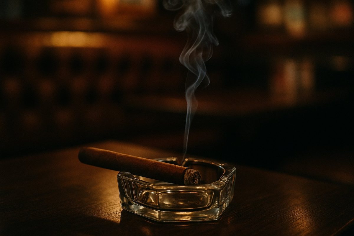 Lit cigar resting in a glass ashtray on the dark wood table of an empty leather booth