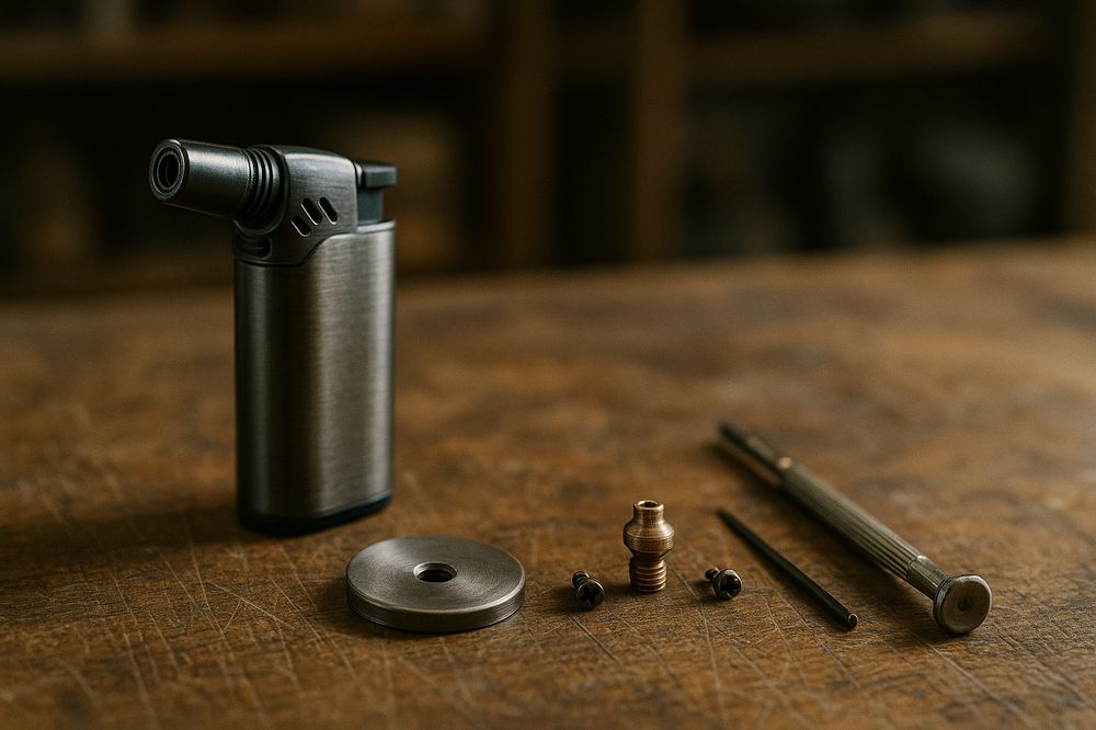A cigar torch lighter taken apart on a workbench: body, base plate, brass jet nozzle, screws and a screwdriver